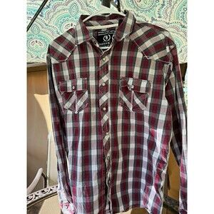Indigo Star Mens L Western Shirt Plaid Pearl Snap Cowboy Rodeo Burgundy Gray